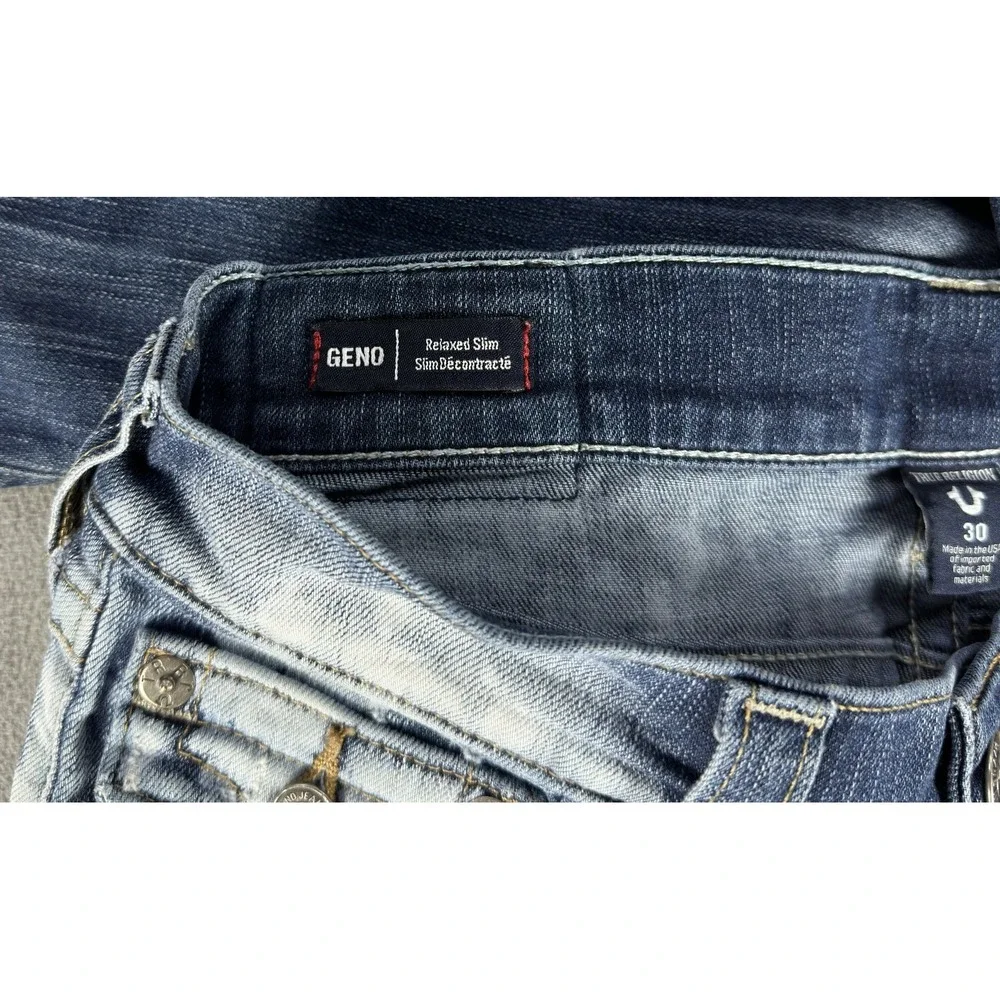 True Religion Jeans Mens 30x33 Blue Distressed Geno Relaxed Slim Flap Pocket